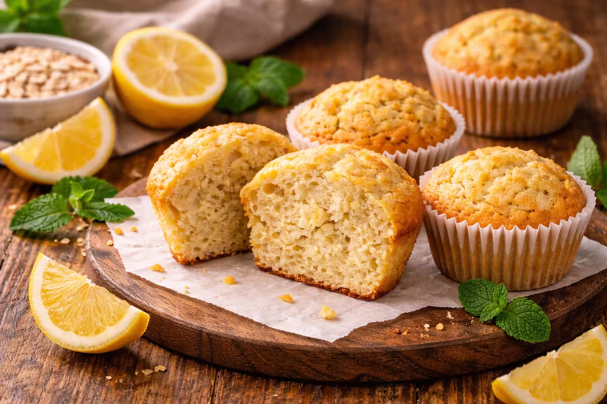 Zitronenmuffins ohne Zucker auf Holzbrett angerichtet, teilweise halbiert, mit frischen Zitronen und natürlicher Struktur der Krume im Querformat