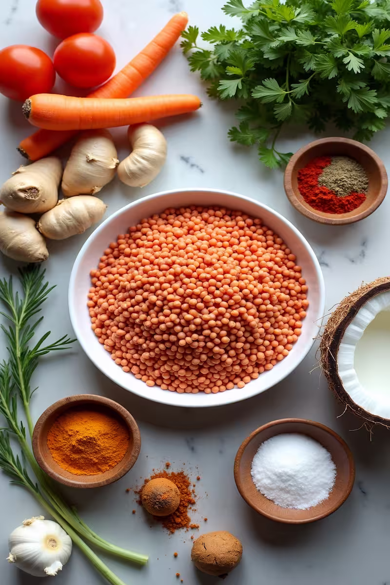 Zutaten für Linsen Curry auf Arbeitsfläche angeordnet