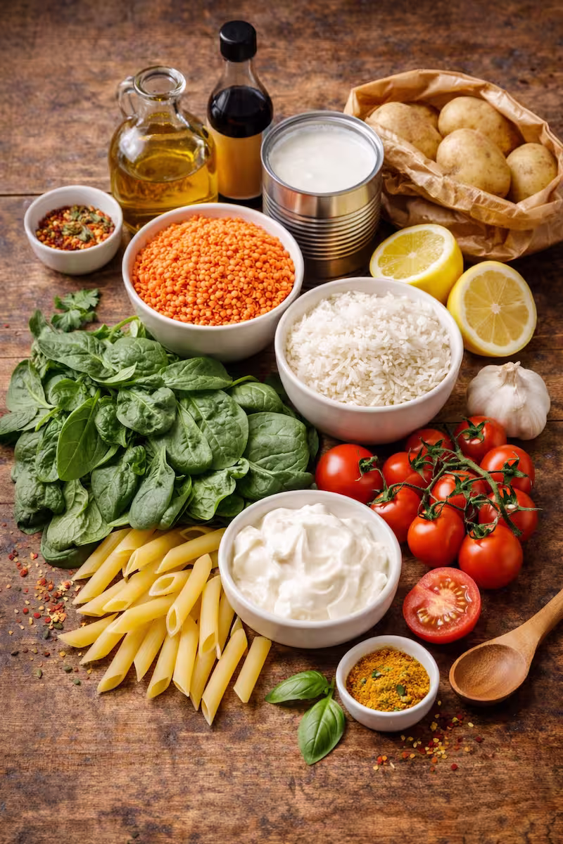 Grundzutaten für One Pot Gerichte auf einer Küchenfläche angeordnet