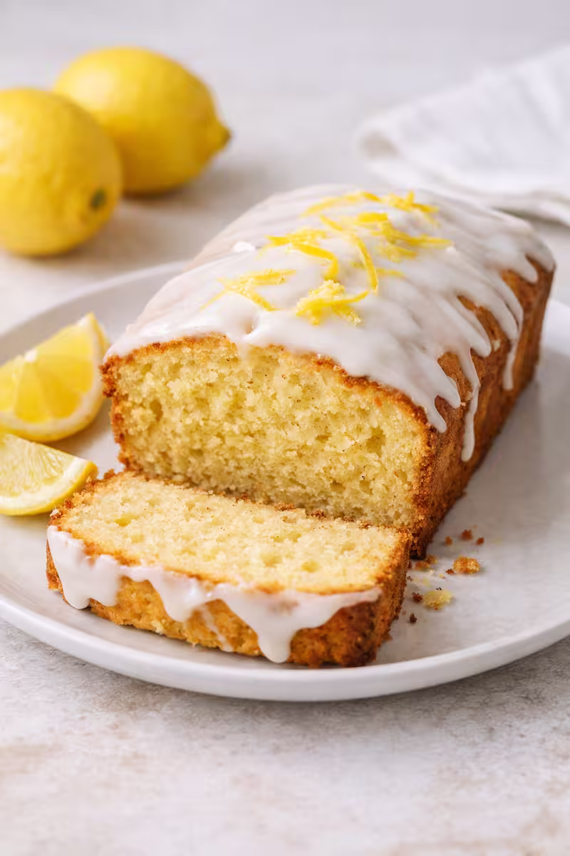 fertiger Zitronenkuchen angeschnitten auf Teller