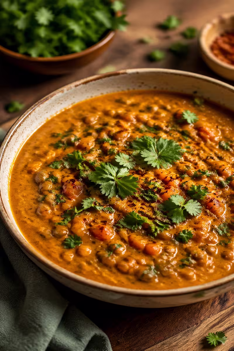 fertiges cremiges Linsen Curry in einer Schüssel mit frischen Kräutern