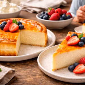 Leichter Käsekuchen ohne Boden cremig gebacken auf Teller mit frischen Beeren, angeschnitten in heller Küche präsentiert
