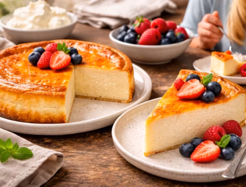 Leichter Käsekuchen ohne Boden cremig gebacken auf Teller mit frischen Beeren, angeschnitten in heller Küche präsentiert