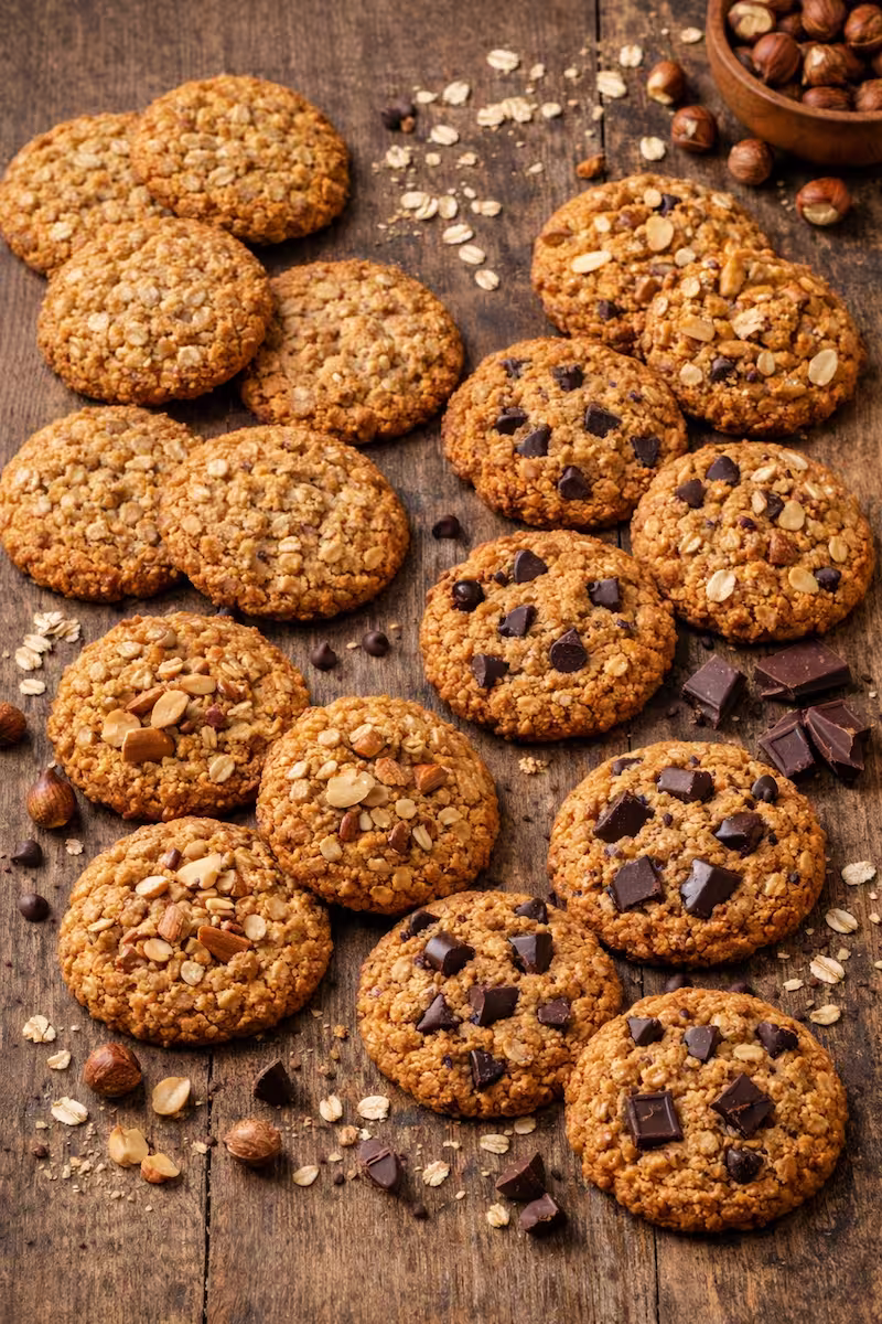 verschiedene Varianten von Haferkeksen mit Nüssen und Schokolade