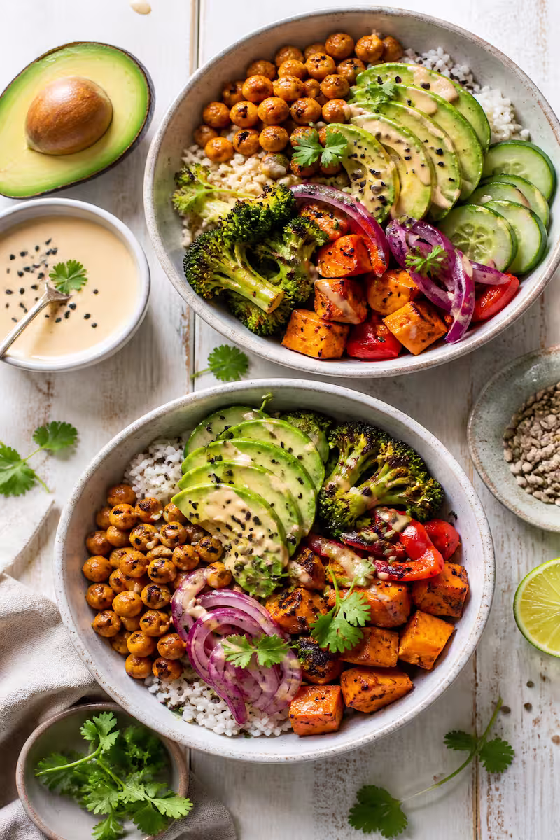 Bunte vegetarische Reis-Bowls mit Avocado, Kichererbsen, Gurke und Ofengemüse