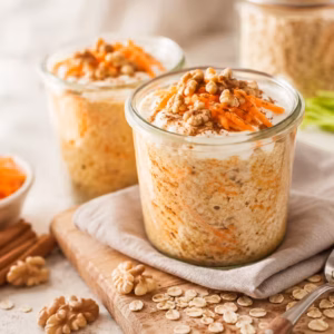 Carrot Cake Overnight Oats im Glas mit Karotte, Hafer, Zimt und Walnüssen auf hellem Frühstückstisch
