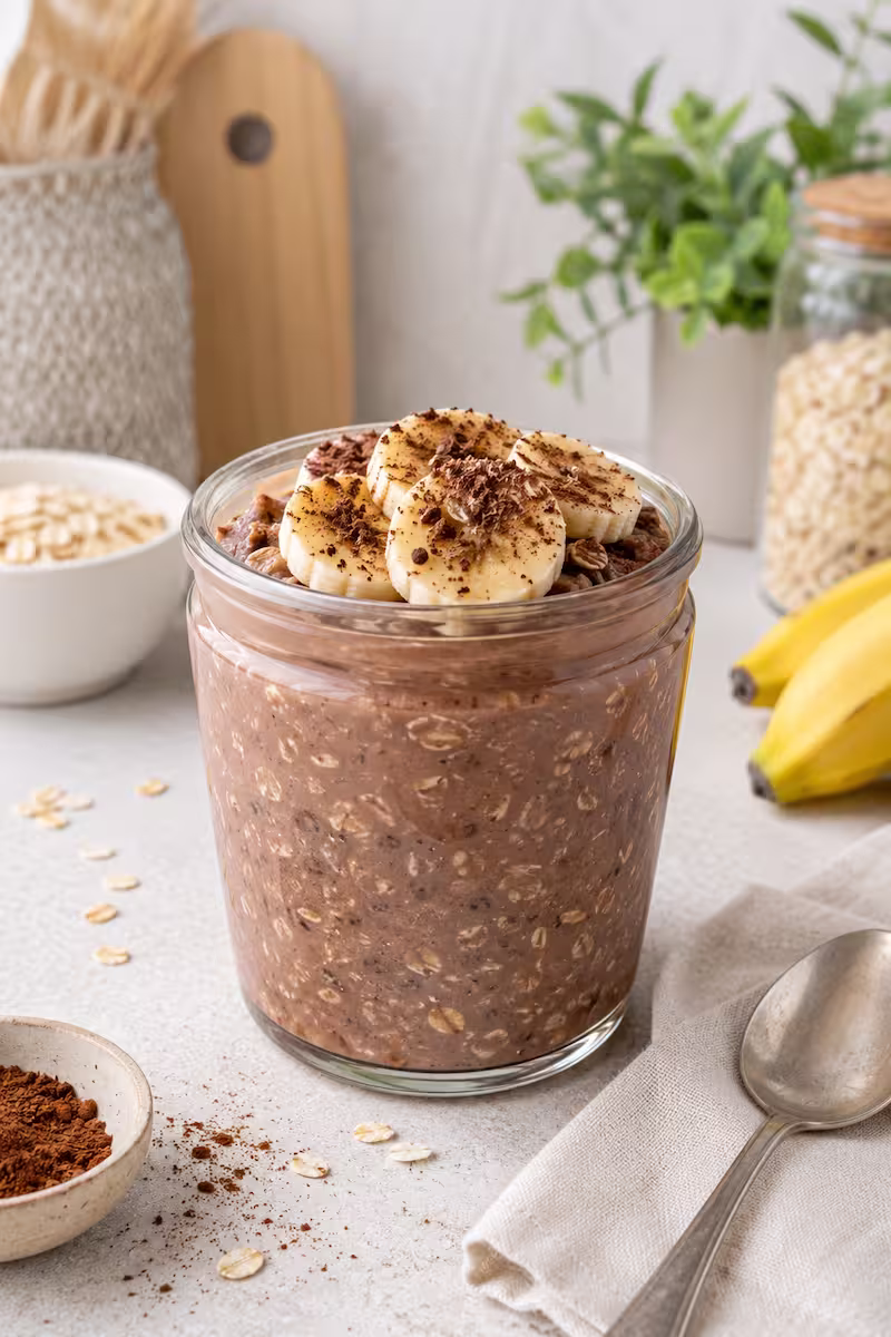 Cremige Schoko Overnight Oats im Glas mit Bananenscheiben und Kakaopulver auf hellem Küchentisch
