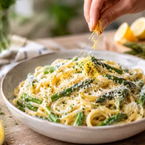 Cremige Zitronenpasta mit grünem Spargel in einer Schale, garniert mit Zitronenzeste, Parmesan und frischen Kräutern auf einem Holztisch.
