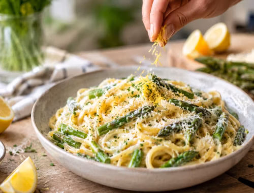 Cremige Zitronenpasta mit grünem Spargel in einer Schale, garniert mit Zitronenzeste, Parmesan und frischen Kräutern auf einem Holztisch.