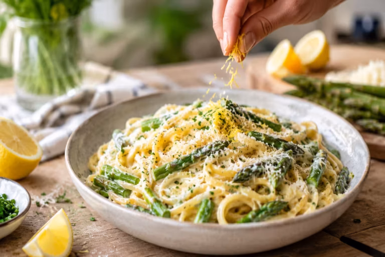 Cremige Zitronenpasta mit grünem Spargel