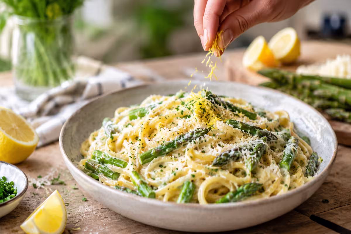 Cremige Zitronenpasta mit grünem Spargel in einer Schale, garniert mit Zitronenzeste, Parmesan und frischen Kräutern auf einem Holztisch.