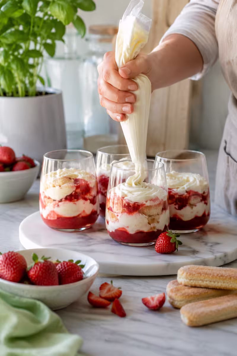 Mehrere Dessertgläser beim Befüllen mit Erdbeerpüree, Creme und Löffelbiskuitstücken, sommerliche Küchenarbeitsfläche