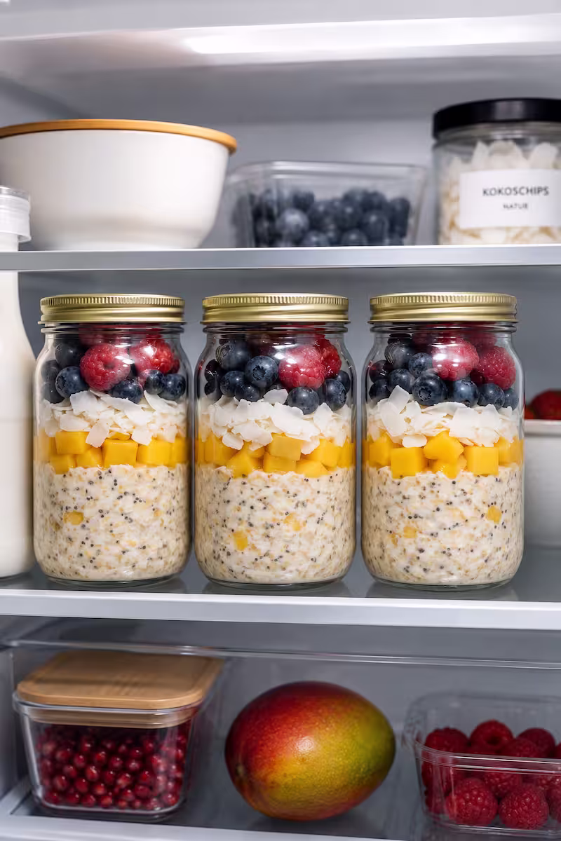 Drei Overnight Oats Gläser mit Mango Drei vorbereitete Overnight Oats Gläser mit Mango, Kokoschips und Beeren im Kühlschrank arrangiert