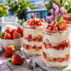 Erdbeer Tiramisu im Glas als schnelles Sommerdessert mit frischen Erdbeeren, Creme und Löffelbiskuit auf einem sommerlich gedeckten Tisch.