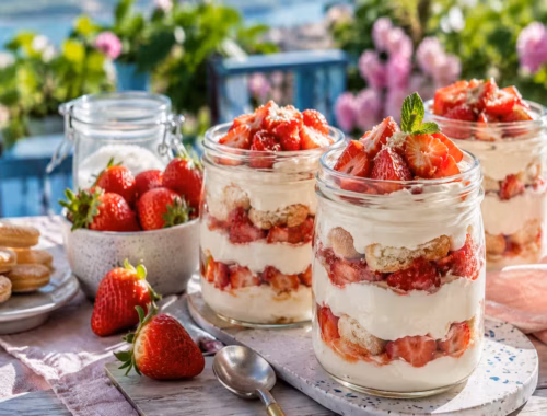 Erdbeer Tiramisu im Glas als schnelles Sommerdessert 15 Erdbeer Tiramisu im Glas als schnelles Sommerdessert mit frischen Erdbeeren, Creme und Löffelbiskuit auf einem sommerlich gedeckten Tisch.