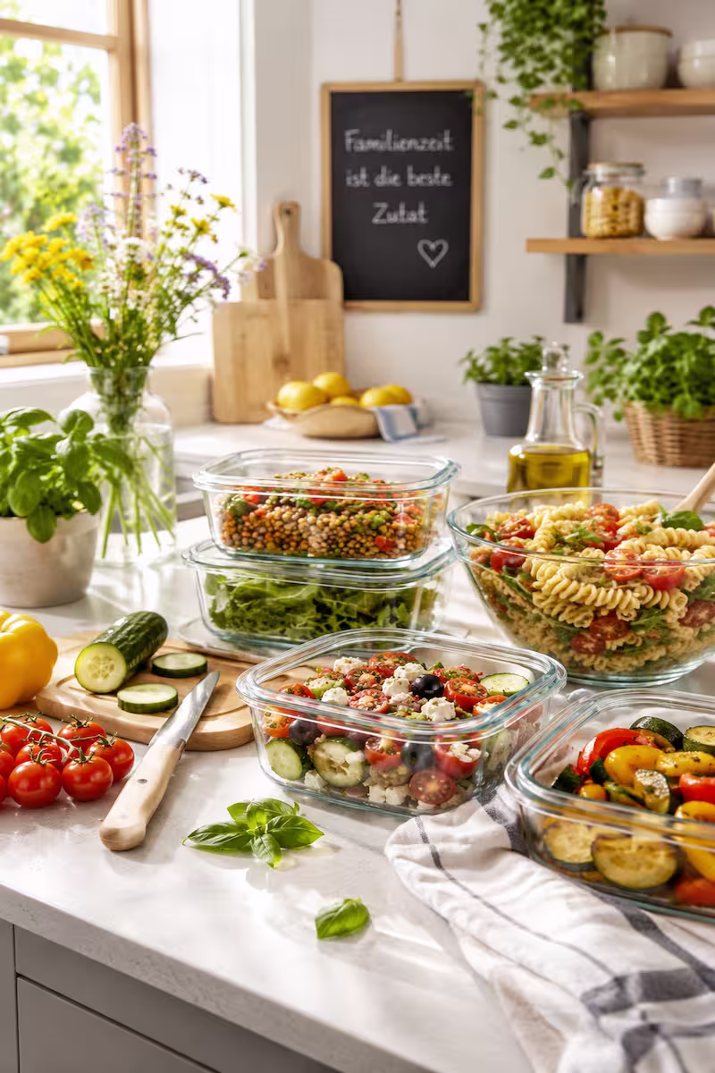 Familienküche mit vorbereiteten Glasboxen, frischem Gemüse, Kräutern und Pasta-Salat auf heller Arbeitsfläche, sommerliche Stimmung