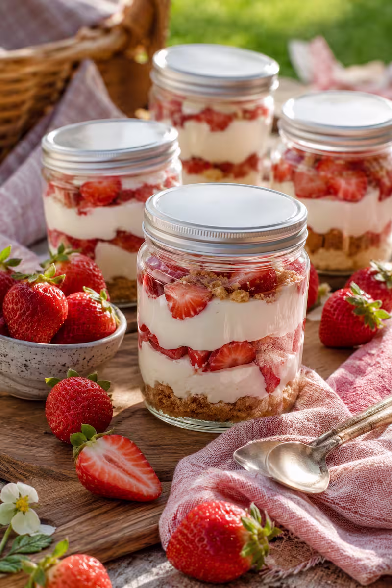 Fertige Erdbeer-Tiramisu-Gläser mit Deckel in Picknick-Szene, Erdbeeren, Stoffserviette und Löffeln