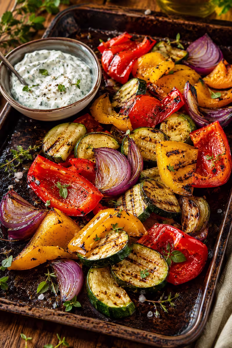 Gegrilltes Gemüse Gegrilltes Gemüse auf dunklem Backblech mit Paprika, Zucchini, roten Zwiebeln und kleiner Schale Kräutercreme daneben