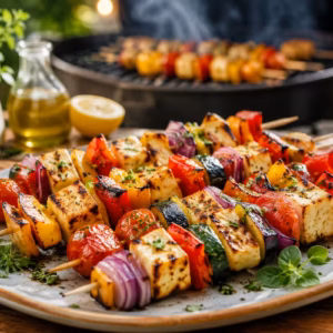 Gemüsespieße mit Halloumi vom Grill auf großem Teller mit Paprika, Zucchini, roten Zwiebeln und Cherrytomaten bei sommerlichem Grillabend im Garten