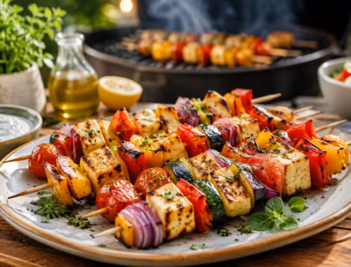 Gemüsespieße mit Halloumi vom Grill auf großem Teller mit Paprika, Zucchini, roten Zwiebeln und Cherrytomaten bei sommerlichem Grillabend im Garten