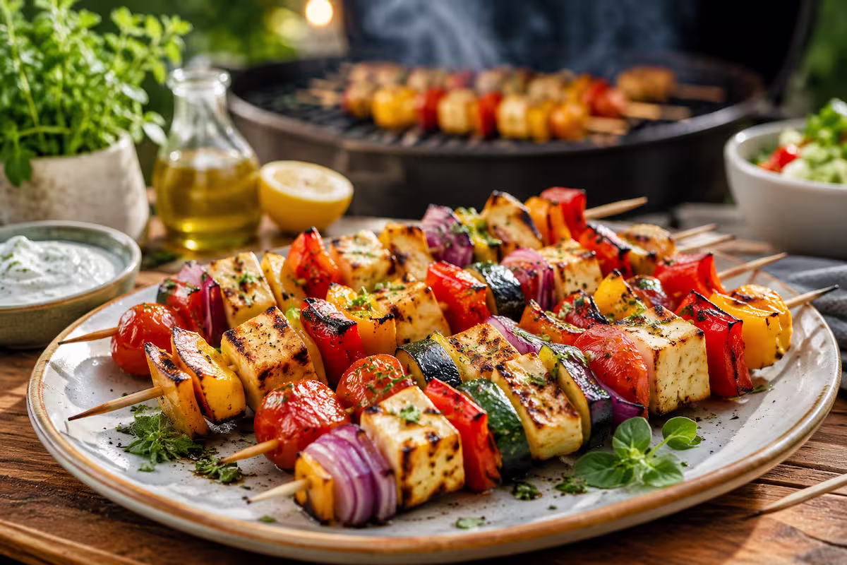 Gemüsespieße mit Halloumi vom Grill auf großem Teller mit Paprika, Zucchini, roten Zwiebeln und Cherrytomaten bei sommerlichem Grillabend im Garten