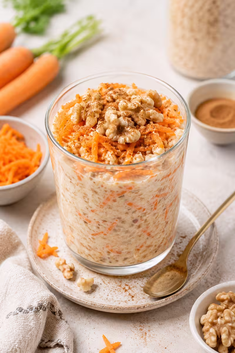 Glas mit cremigen Carrot Cake Overnight Oats Glas mit cremigen Carrot Cake Overnight Oats, sichtbare Karottenraspel, Zimt und Walnüsse auf hellem Frühstückstisch