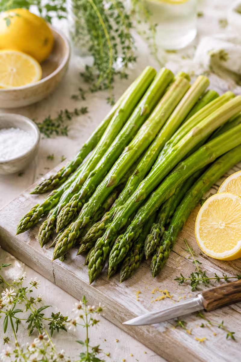 Grüner Spargel auf hellem Holztisch mit Zitronenscheiben, Kräutern und kleinem Messer, natürliche Frühlingsküche