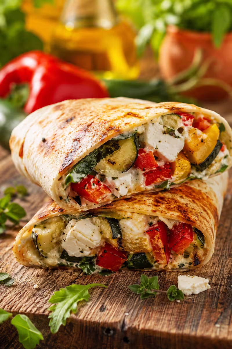 Halbierter vegetarischer Grillwrap Halbierter vegetarischer Grillwrap auf rustikalem Holzbrett, sichtbare cremige Füllung mit Paprika, Zucchini, Feta