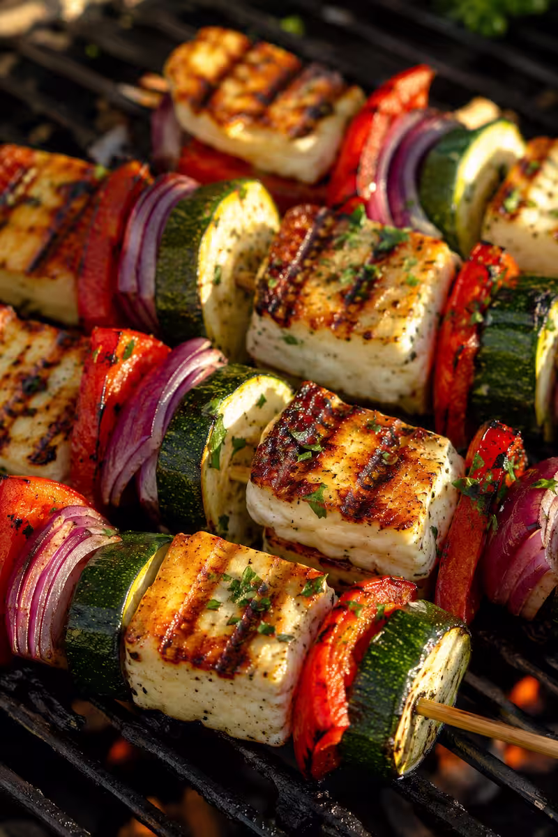 Halloumi-Gemüsespieße auf dunklem Grillrost Bunte Halloumi-Gemüsespieße auf dunklem Grillrost, goldbrauner Halloumi mit Grillstreifen, rote Paprika, Zucchini und rote Zwiebeln, sommerliches Abendlicht, Nahaufnahme