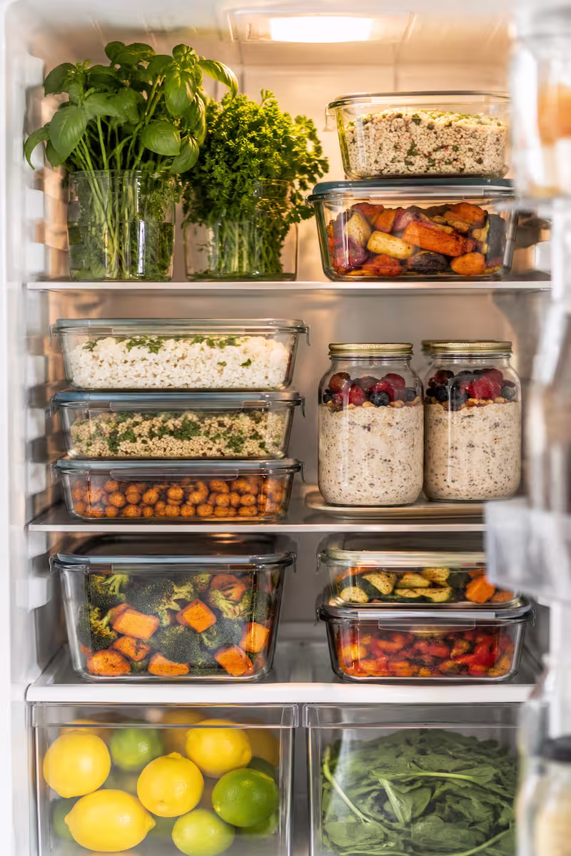 Heller Kühlschrank mit Glasboxen voller Ofengemüse, Reis, frischen Kräutern und Overnight Oats, natürliche Küchenbeleuchtung,