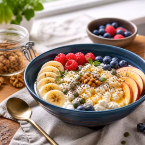 Hüttenkäse Bowl (süß oder herzhaft) mit frischen Beeren, Banane, Apfel, Nüssen, Samen und Honig in einer Keramikschüssel auf einem Holztisch bei Tageslicht