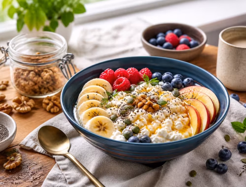Hüttenkäse Bowl (süß oder herzhaft) mit frischen Beeren, Banane, Apfel, Nüssen, Samen und Honig in einer Keramikschüssel auf einem Holztisch bei Tageslicht