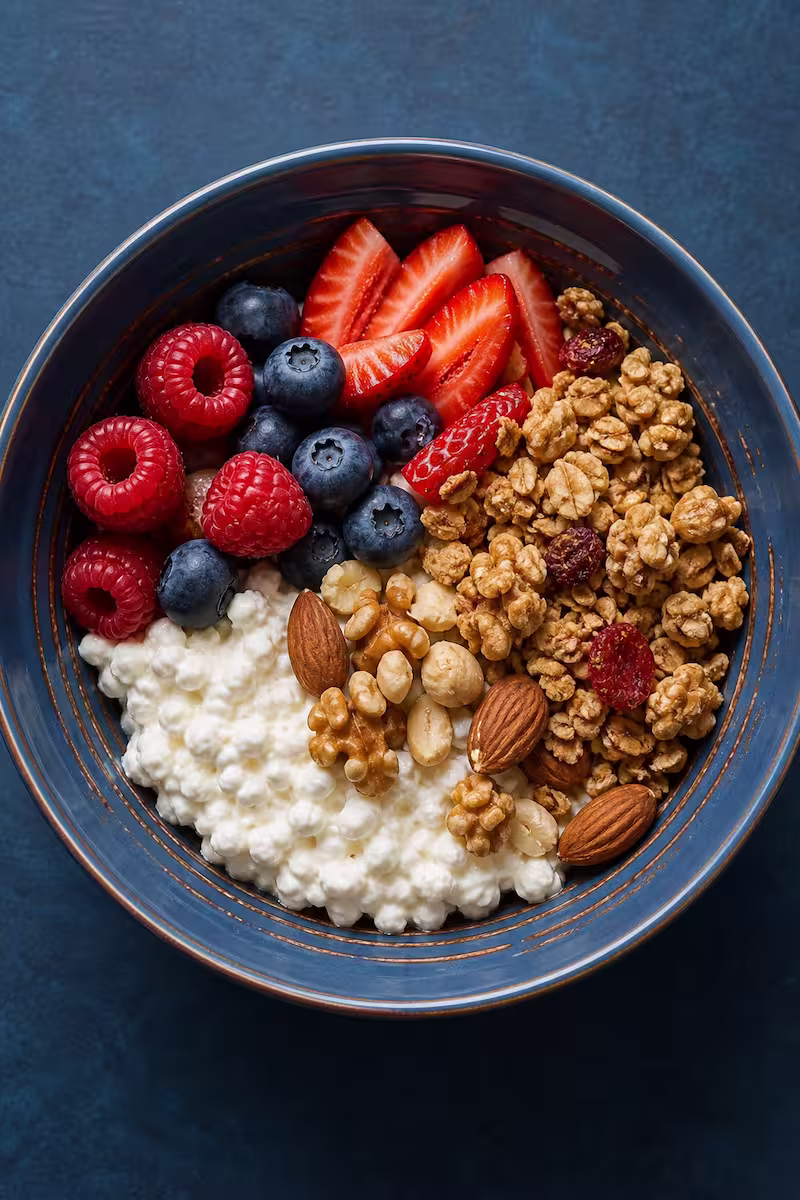 Hüttenkäse Bowl mit Beeren, Nüssen und Granola von oben fotografiert