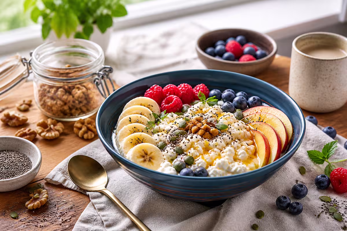 Hüttenkäse Bowl (süß oder herzhaft) mit frischen Beeren, Banane, Apfel, Nüssen, Samen und Honig in einer Keramikschüssel auf einem Holztisch bei Tageslicht