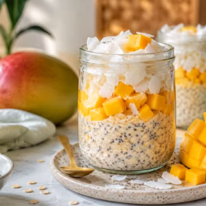 Cremige Mango Overnight Oats mit Kokos im Glas, garniert mit frischen Mangowürfeln und Kokoschips auf hellem Frühstückstisch im natürlichen Morgenlicht.
