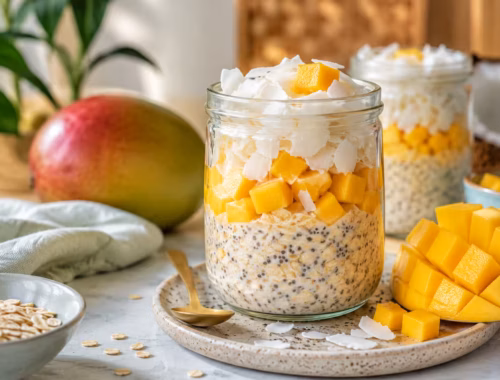 Mango Overnight Oats mit Kokos für warme Tage 8 Cremige Mango Overnight Oats mit Kokos im Glas, garniert mit frischen Mangowürfeln und Kokoschips auf hellem Frühstückstisch im natürlichen Morgenlicht.
