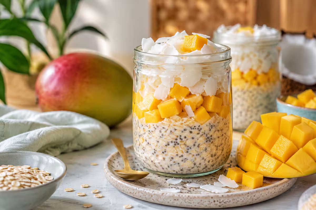 Cremige Mango Overnight Oats mit Kokos im Glas, garniert mit frischen Mangowürfeln und Kokoschips auf hellem Frühstückstisch im natürlichen Morgenlicht.