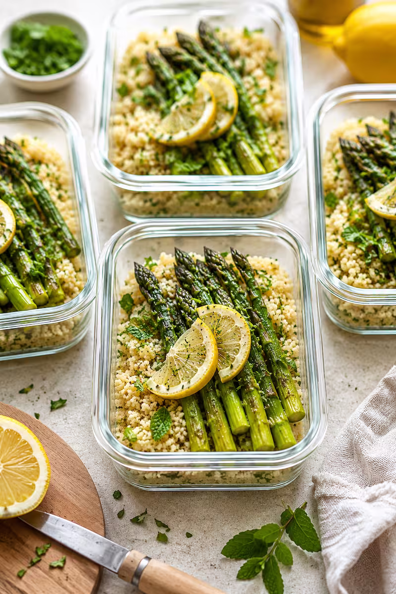 Meal Prep Boxen mit grünem Spargel, Couscous, Zitronenscheiben und Kräutern auf heller Küchenfläche