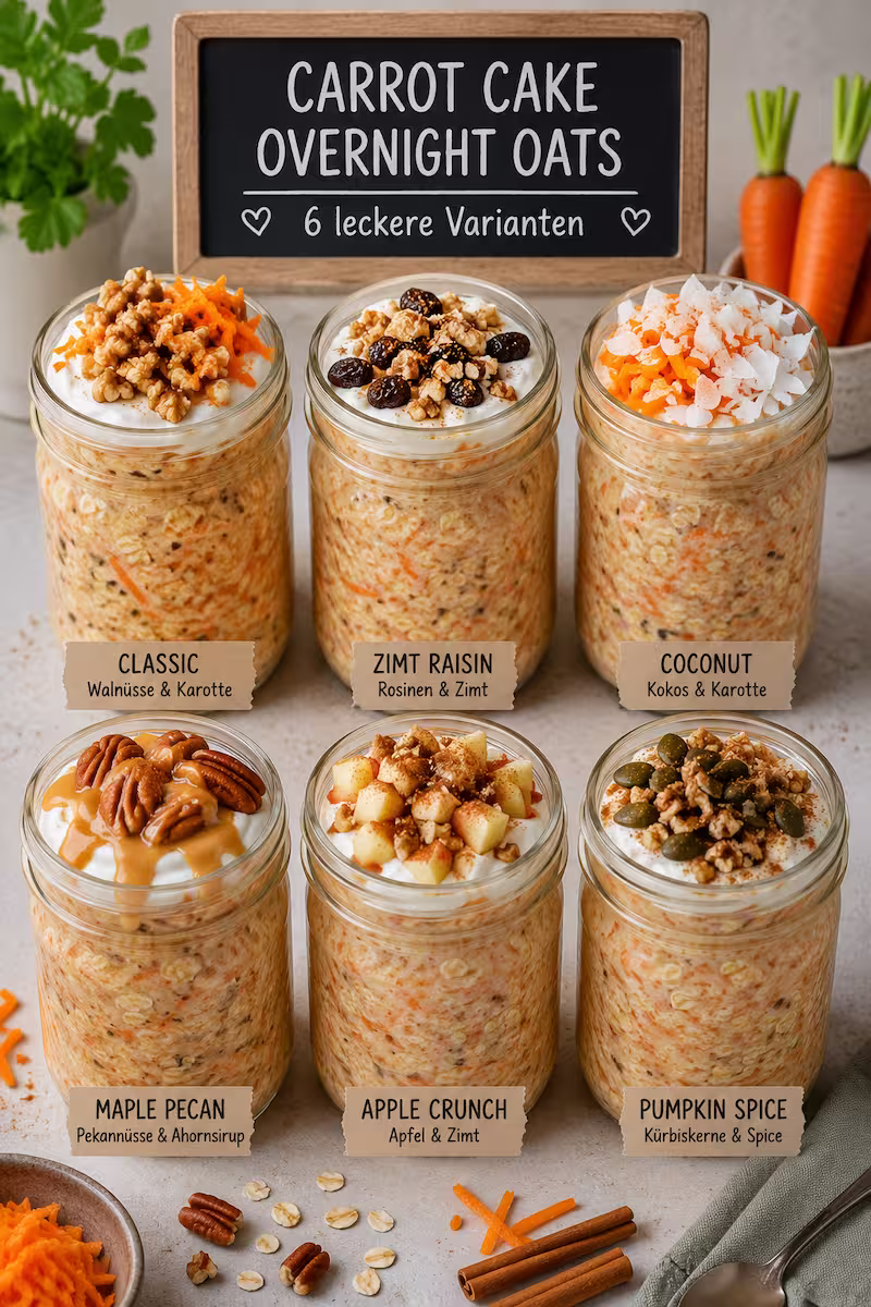 Meal-Prep-Gläser mit Carrot Cake Overnight Oats Varianten Meal-Prep-Gläser mit verschiedenen Carrot Cake Overnight Oats Varianten und unterschiedlichen Toppings