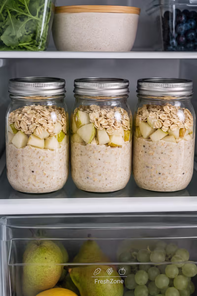 Meal-Prep-Gläser mit Overnight Oat Meal-Prep-Gläser mit Overnight Oats, Birnenstücken und Haferflocken im Kühlschrank