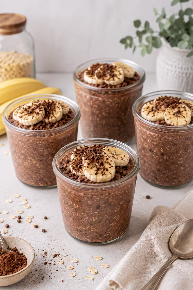 Mehrere Meal-Prep-Gläser mit Schoko Overnight Oats auf dem Küchentisch, minimalistischer Frühstücksstil