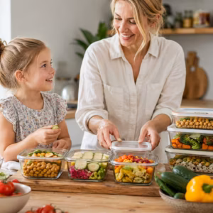Meal Prep für Familien: Mutter und Kind bereiten in heller Küche frische vegetarische Mahlzeiten und Gemüseboxen für die Woche vor
