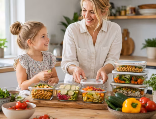 Meal Prep für Familien: Mutter und Kind bereiten in heller Küche frische vegetarische Mahlzeiten und Gemüseboxen für die Woche vor