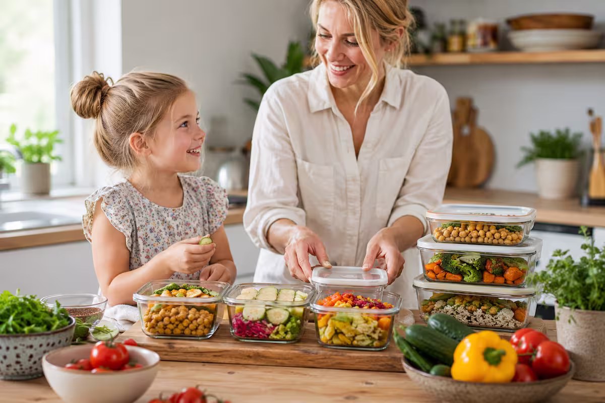 Meal Prep für Familien: Mutter und Kind bereiten in heller Küche frische vegetarische Mahlzeiten und Gemüseboxen für die Woche vor