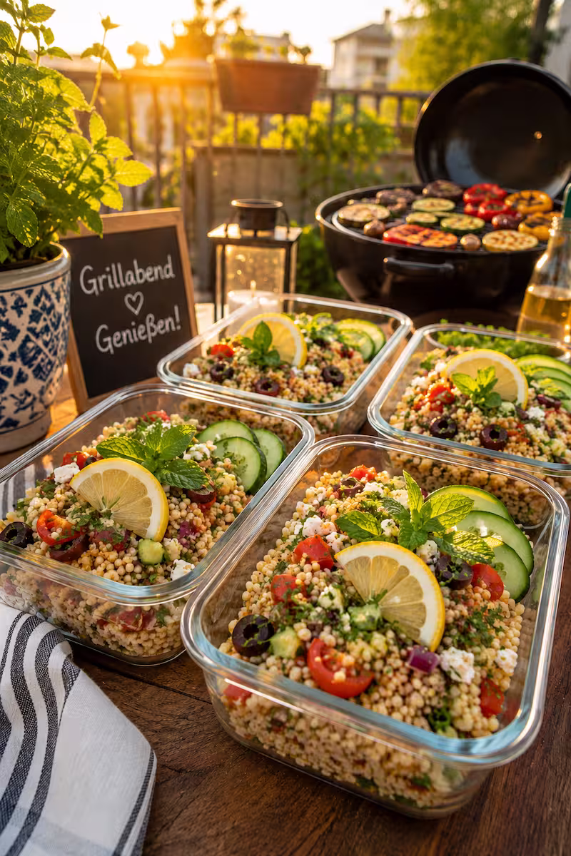 Meal-Prep-Glasboxen mit mediterranem Couscous Salat, Zitronenscheiben, Minze und Gurke, vorbereitet für Grillabend auf Balkon mit warmer Abendsonne