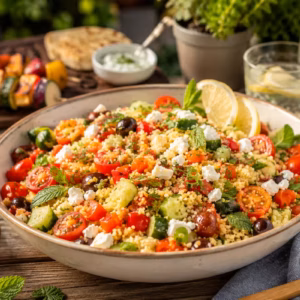 Mediterraner Couscous Salat zum Grillen mit Tomaten, Gurke, Feta, Kräutern und Zitrone in großer Bowl auf rustikalem Holztisch im sommerlichen Gartenambiente