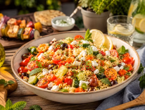 Mediterraner Couscous Salat zum Grillen mit Tomaten, Gurke, Feta, Kräutern und Zitrone in großer Bowl auf rustikalem Holztisch im sommerlichen Gartenambiente
