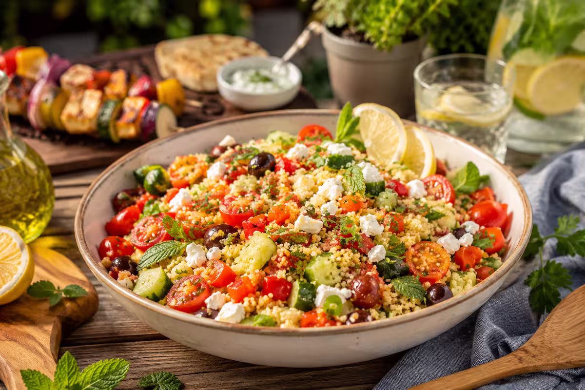 Mediterraner Couscous Salat zum Grillen mit Tomaten, Gurke, Feta, Kräutern und Zitrone in großer Bowl auf rustikalem Holztisch im sommerlichen Gartenambiente