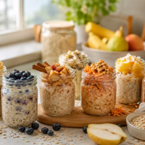 Verschiedene Gläser mit frischen Früchten und Haferflocken auf hellem Küchentisch, kreative Meal-Prep-Ideen für bekömmliche Overnight Oats und entspannte Frühstücksmomente.