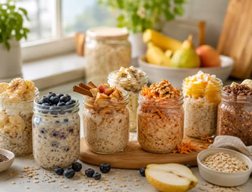 7 bekömmliche Overnight Oats für Magen und Darm 9 Verschiedene Gläser mit frischen Früchten und Haferflocken auf hellem Küchentisch, kreative Meal-Prep-Ideen für bekömmliche Overnight Oats und entspannte Frühstücksmomente.
